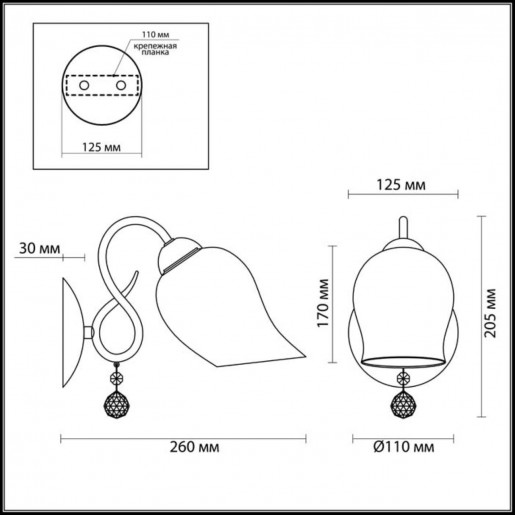 3076/1W LN16 186 темный хром/стекло/хрусталь Бра E27 60W 220V RONDINA